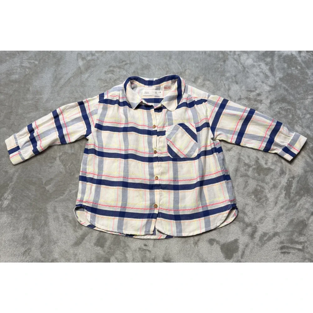 ZARA Kids 2-3 Years Plaid Button Up Shirt 98cm Neon Stripe Unisex Boys Girls - Picture 2 of 6